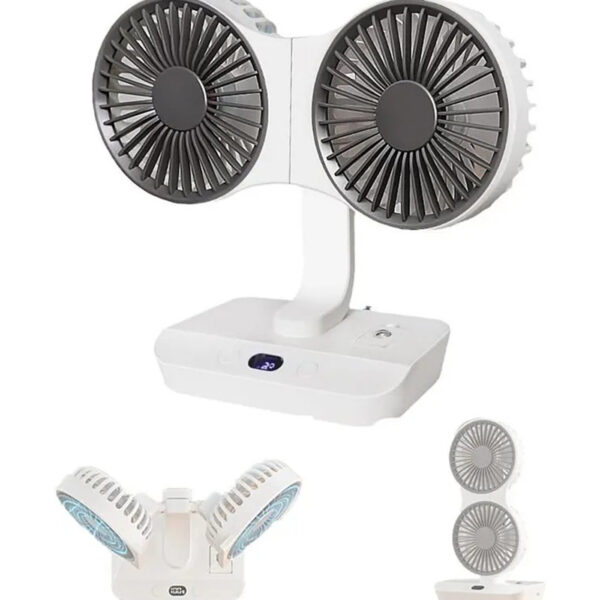 Çift Kafa 4 Hız Vantilatör Gece Lambası Fan Şarj Edilen Taşınabilir Asma Kancası ile 270° Dönebilen