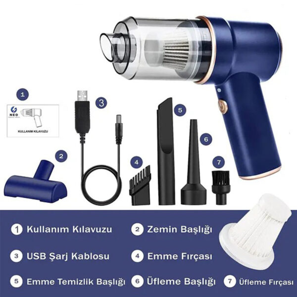 Kablosuz Şarjlı Mini Elektrikli Süpürge Ev-Araba-Ofis 2'si 1 Arada Emiş Gücü ve Süper Üfleme 9000PA