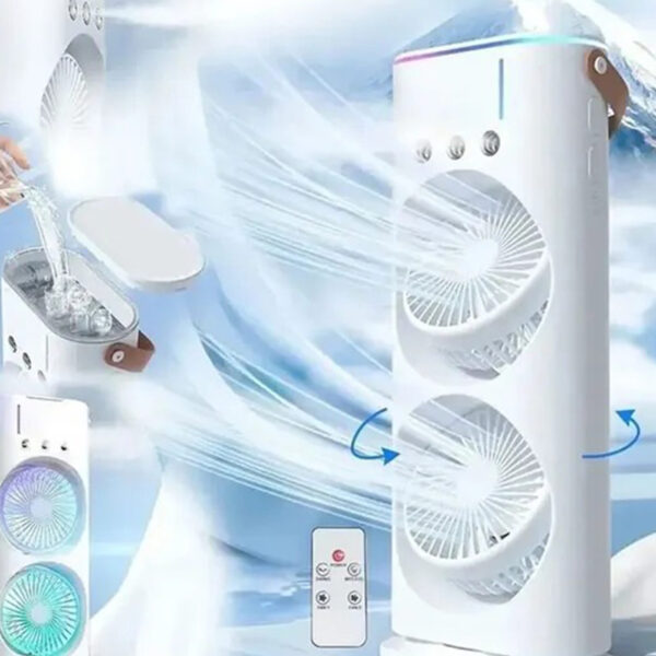 Şarjlı Kumandalı Dönen Işıklı Buz Buharlı Vantilatör Fan Nemlendirici Klima Soğutucu Çift Fanlı