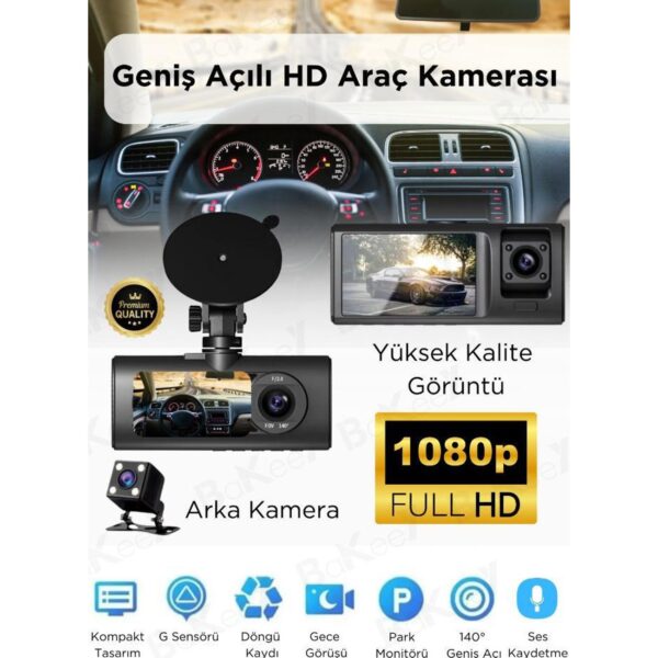 3 Yönlü Araç Kamerası DVR Kaydedici Wifi 3 Kameralı Araç DVR 1080P Kamera